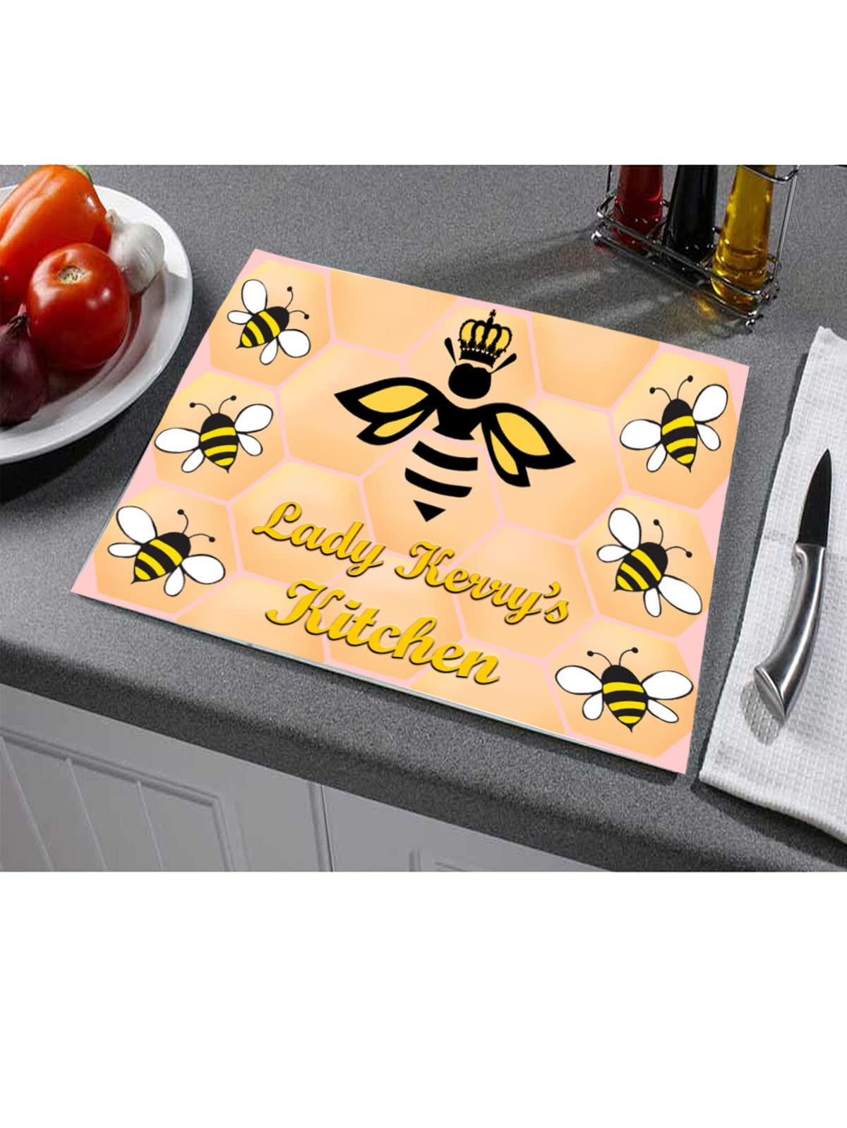 Lady Bee Design Personalised Toughened Glass Heat Resistant Worktop Saver Cutting and Chopping Board Gift