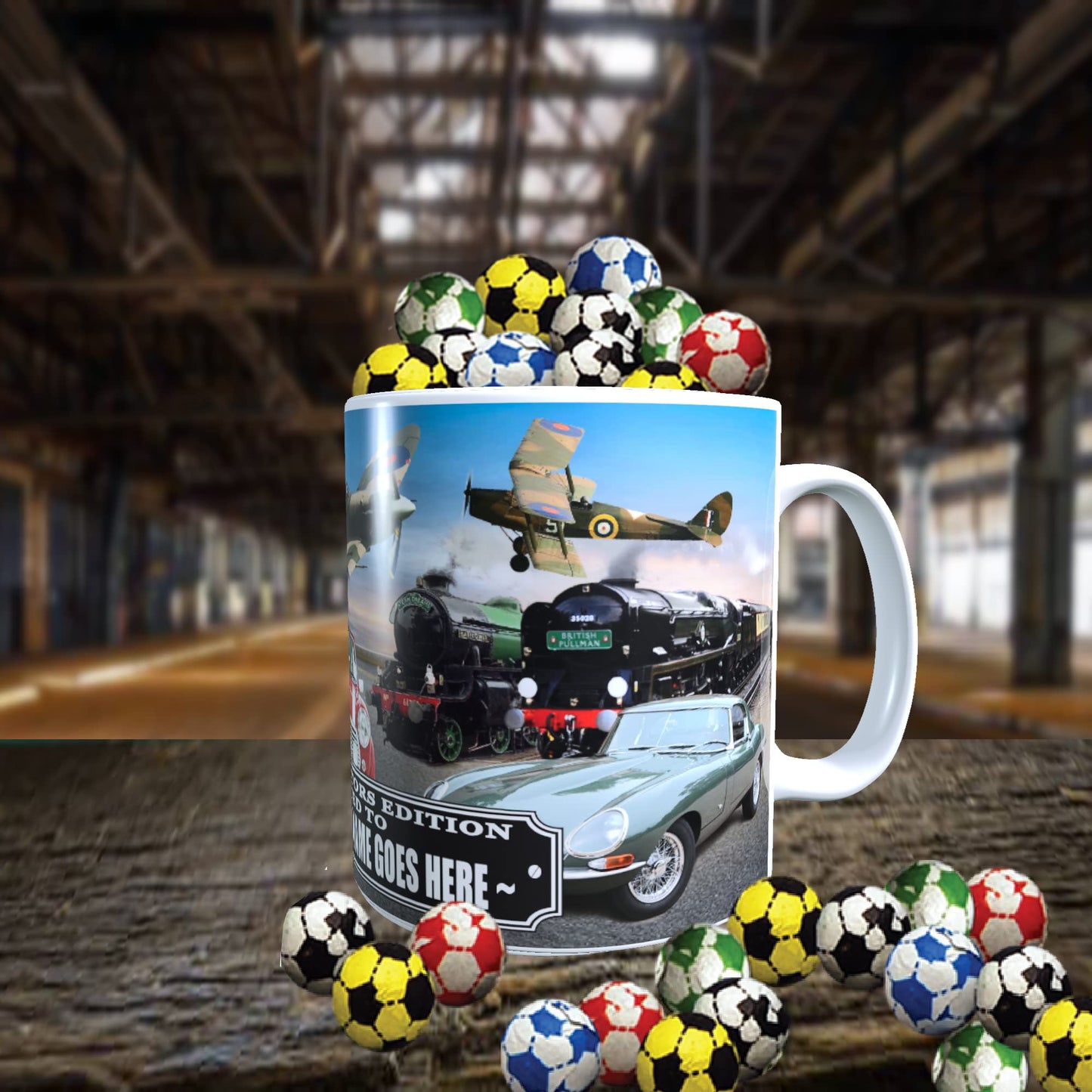 Planes Trains and Automobiles Classic Car Icons Personalised Mug with Choice of Sweets Gift