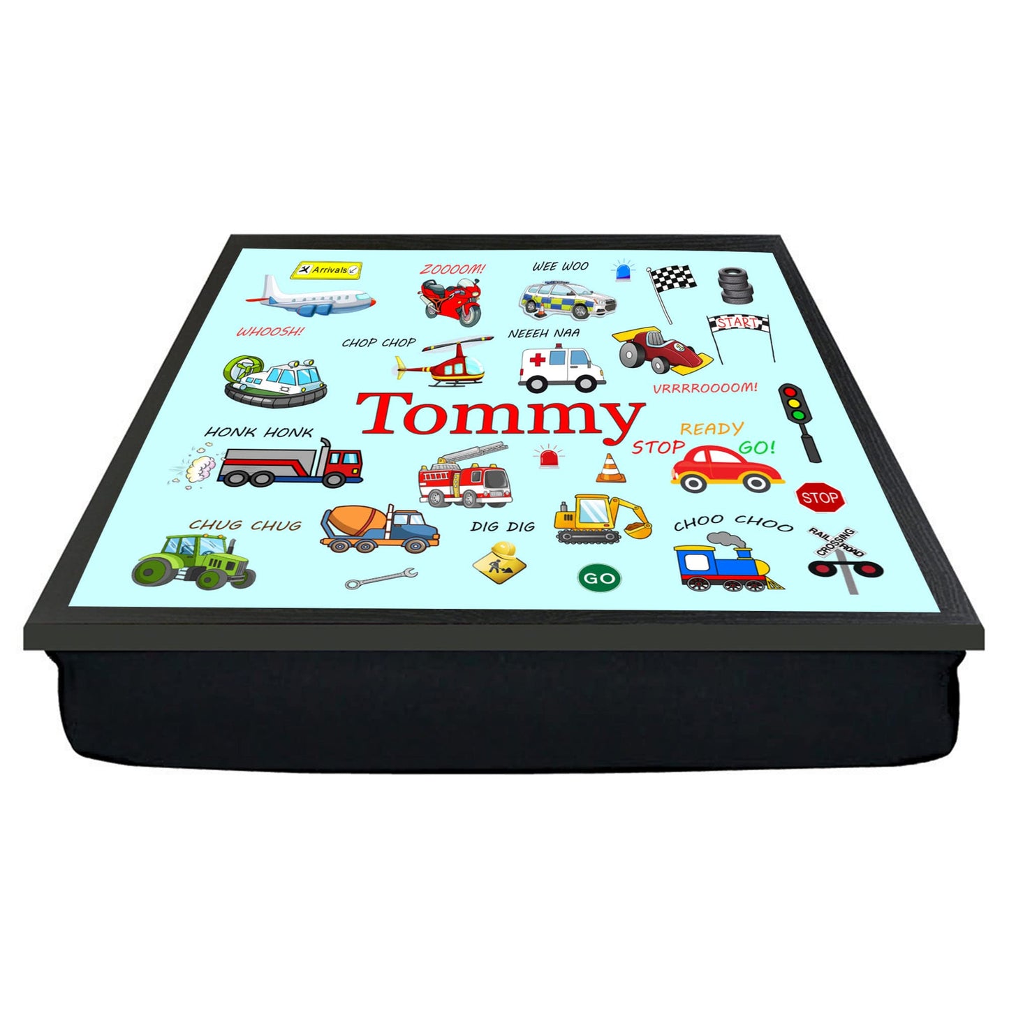 Junior Personalised Fun Cartoon Vehicles Choice Of Two Colours Design Soft Cushion Lap Tray Gift