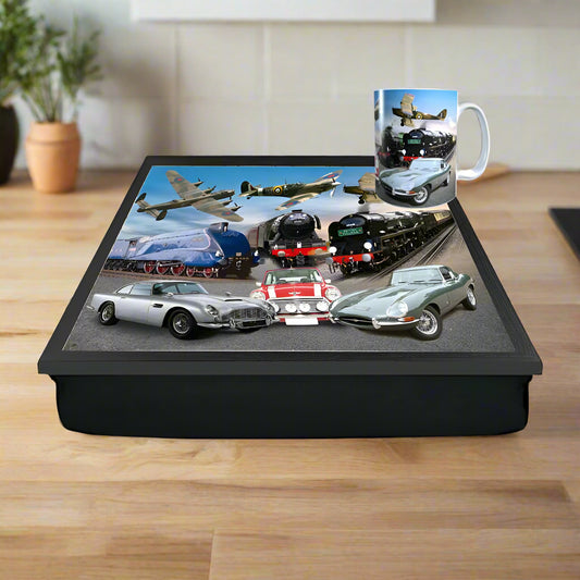 Cup and tray set with vintage car and train design on a white background