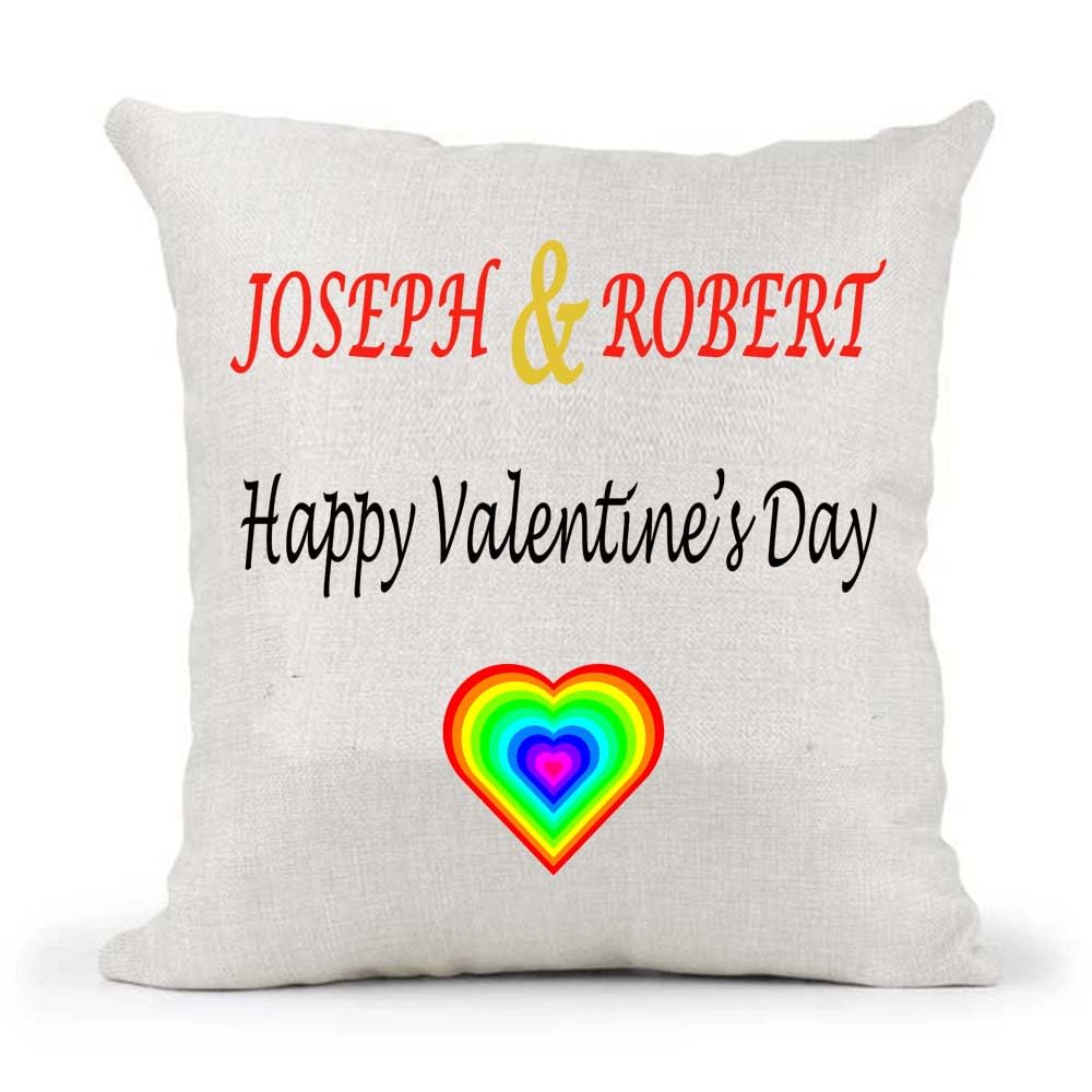 Personalised Rainbow Heart Your Names & Anniversary Date Wedding Valentine's Couple Birthday Present Cushion Cover Gift