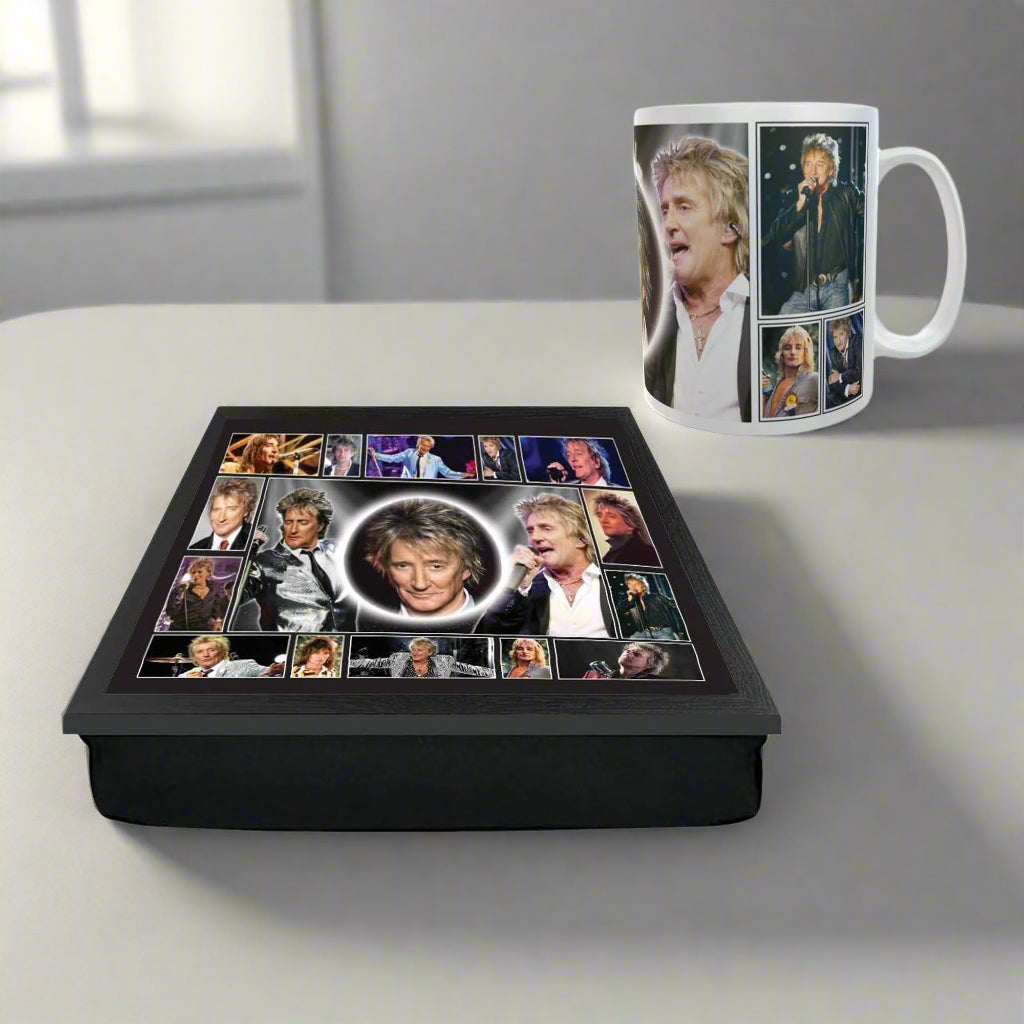 Mug and tray set with multiple images of a person on a white background