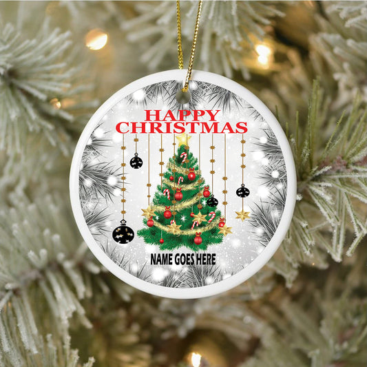 Happy Christmas Personalised Ceramic Keepsake Hanging Tree Decoration With Double Sided Personalisation, White, 7 x 7cm