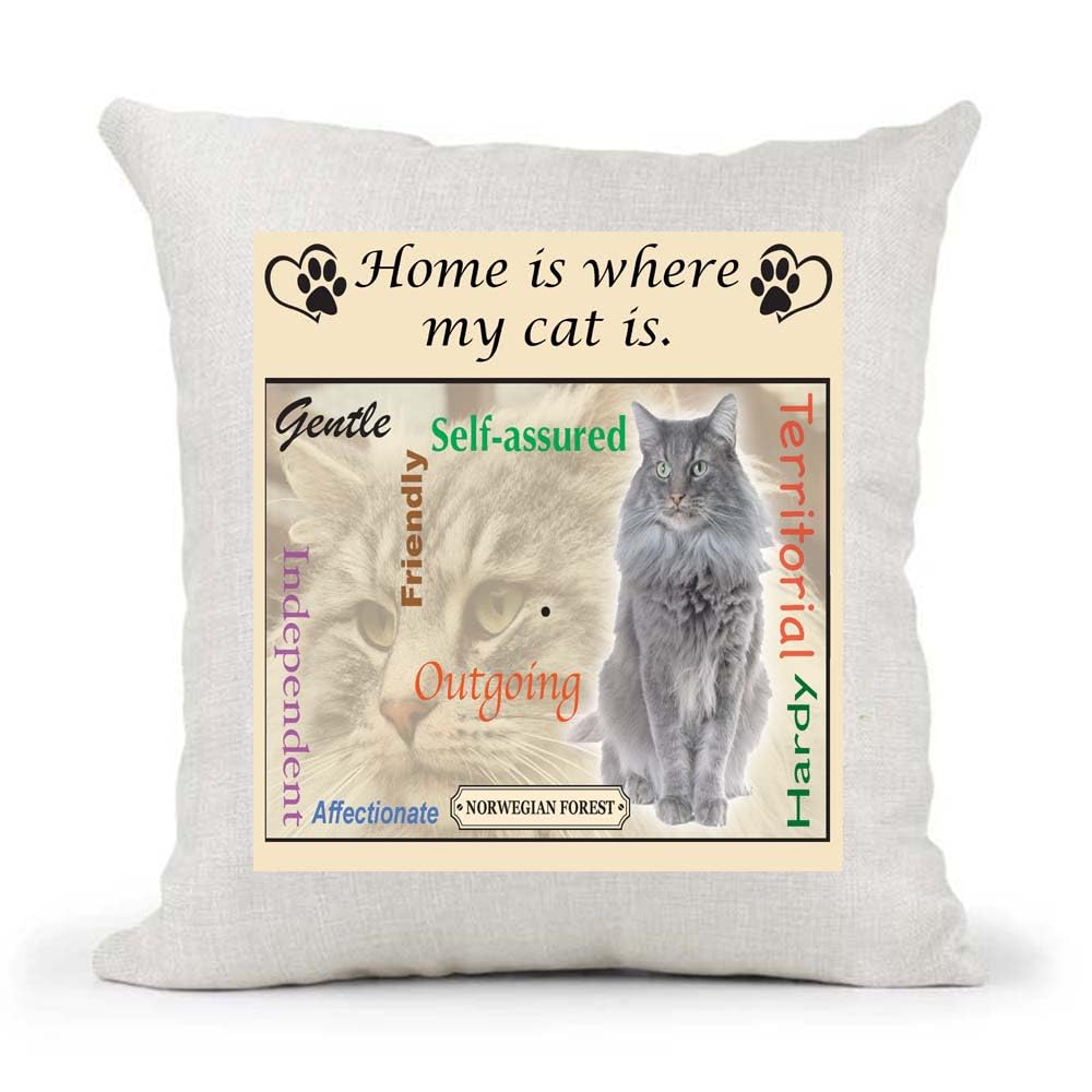 Norwegian Forest Breed Home is Where My Cat is Country Canvas Style Cushion Cover Gift
