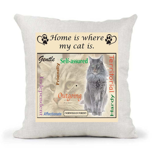Norwegian Forest Breed Home is Where My Cat is Country Canvas Style Cushion Cover Gift