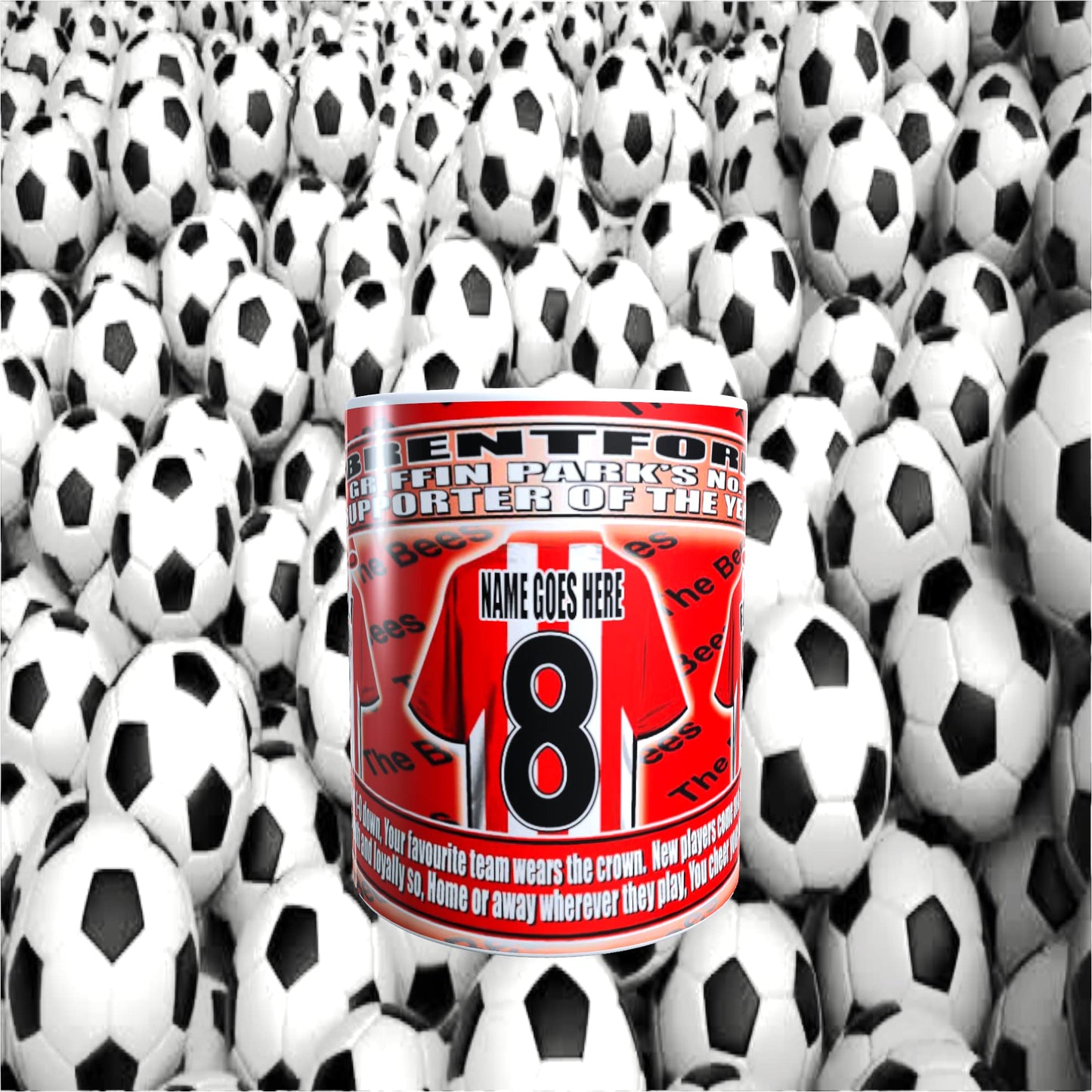 Brentford Football Team Shirt Personalised Mug Gift with Chocolate Footballs