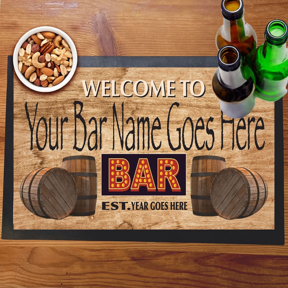 Welcome To Neon Style Text Bar Sign with Barrels to the Side Bar Mat Runner with Non- Slip Rubber Back and Personalised Name with Year Home, Pub, Coffee Shop, Venue, Garden, Bar Gift