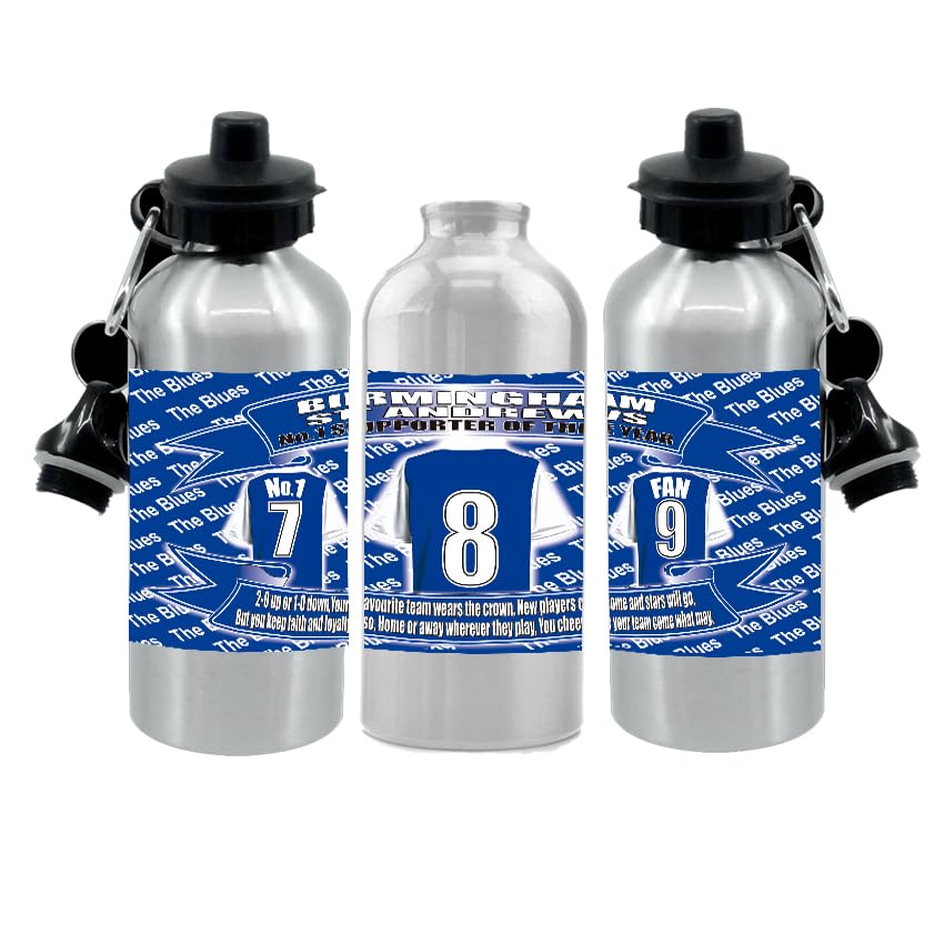 Birmingham Water Bottle - Football Shirt - Silver Aluminium Two Lids - Unisex Gift