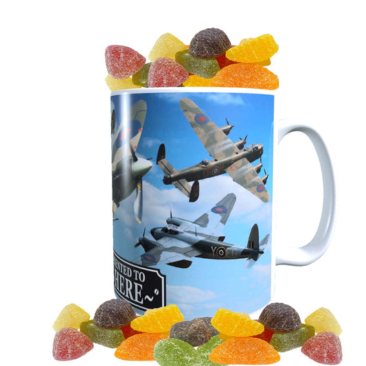 VE Day Battle of Britain WWII Iconic War Planes Spitfire Lancaster Personalised Mug with Choice of Sweets Gift