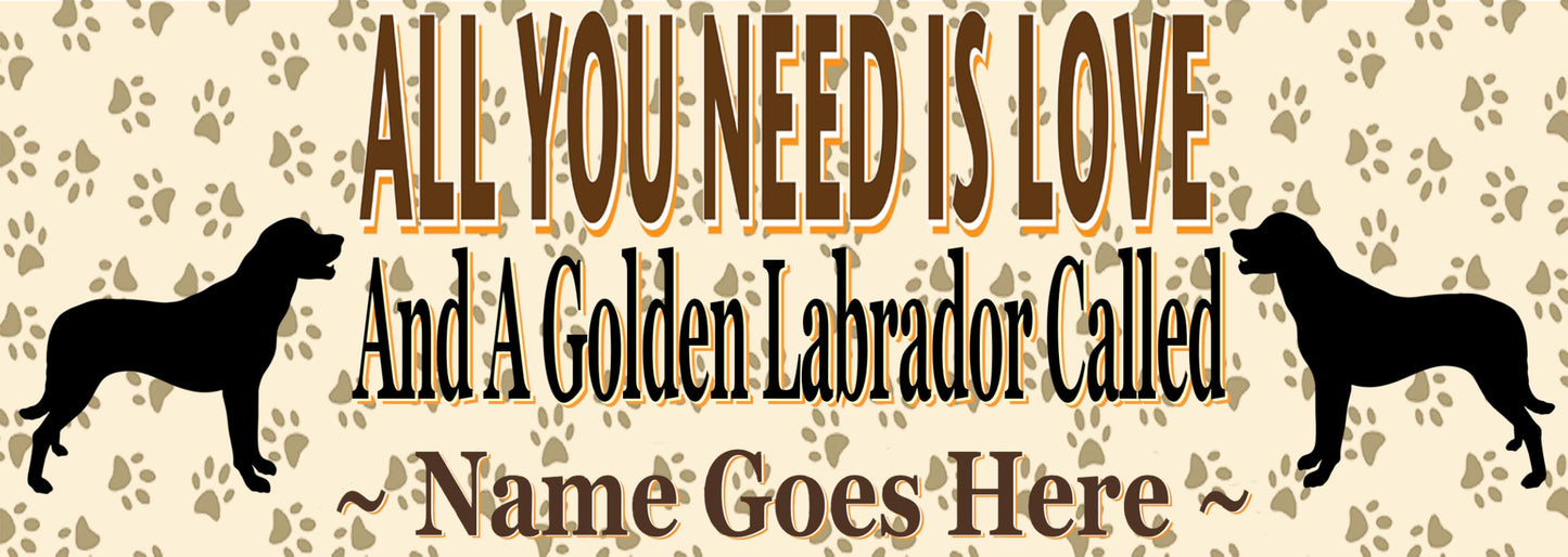 Personalised Golden Labrador Water Bottle - All You Need Is Love - Silver Aluminium - Two Lids - Unisex Gift