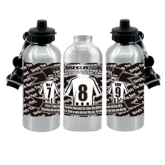Personalised Newcastle Water Bottle - Football Shirt - Silver Aluminium Two Lids - Unisex Gift