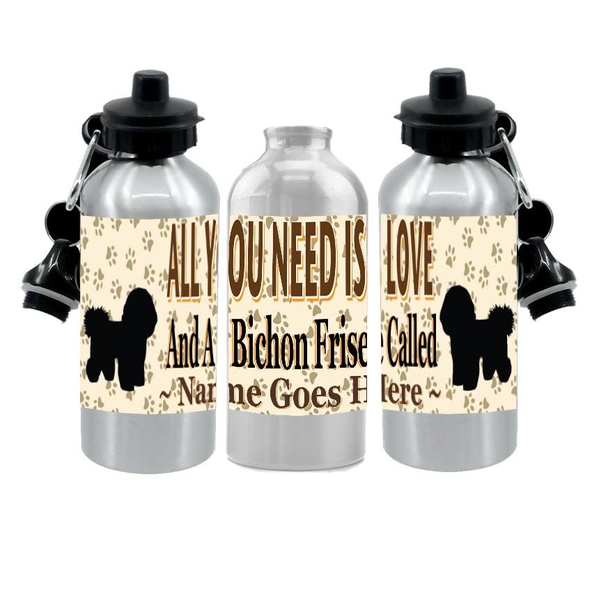 Personalised Bichon Frise Water Bottle - All You Need Is Love - Silver Aluminium - Two Lids - Unisex Gift