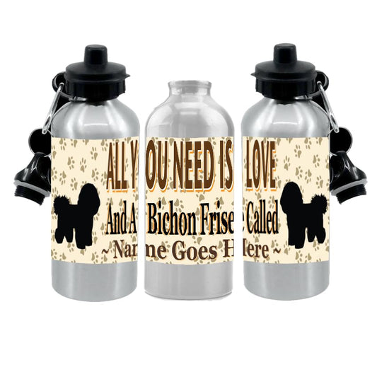 Personalised Bichon Frise Water Bottle - All You Need Is Love - Silver Aluminium - Two Lids - Unisex Gift