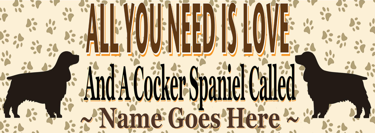 Personalised Cocker Spaniel Water Bottle - All You Need Is Love - Silver Aluminium - Two Lids - Unisex Gift