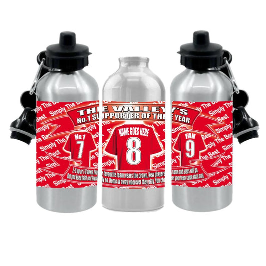 Personalised Charlton Water Bottle - Football Shirt - Silver Aluminium Two Lids - Unisex Gift
