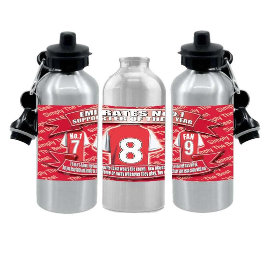 Gooners Water Bottle - Football Shirt - Silver Aluminium Two Lids - Unisex Gift