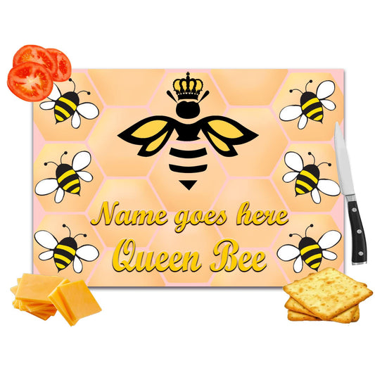 Queen Bee Honeycomb Design Personalised Toughened Glass Heat Resistant Worktop Saver Cutting and Chopping Board Gift