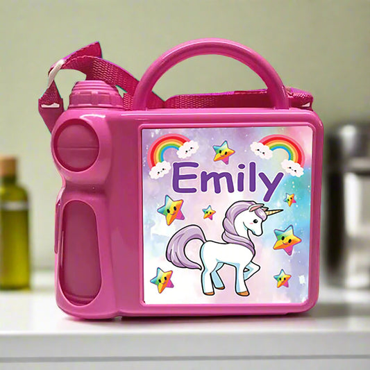 Pink water bottle with unicorn design and name 'Emily' on a white background