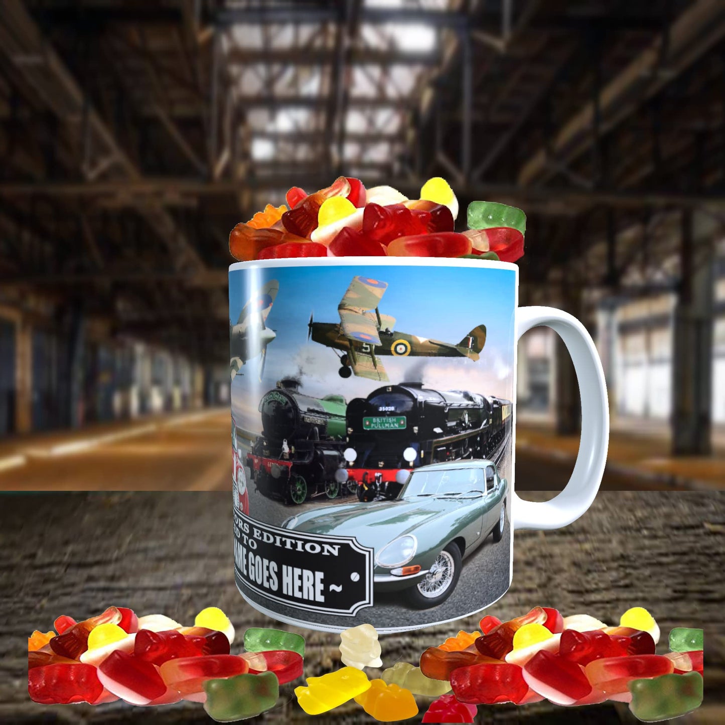 Planes Trains and Automobiles Classic Car Icons Personalised Mug with Choice of Sweets Gift