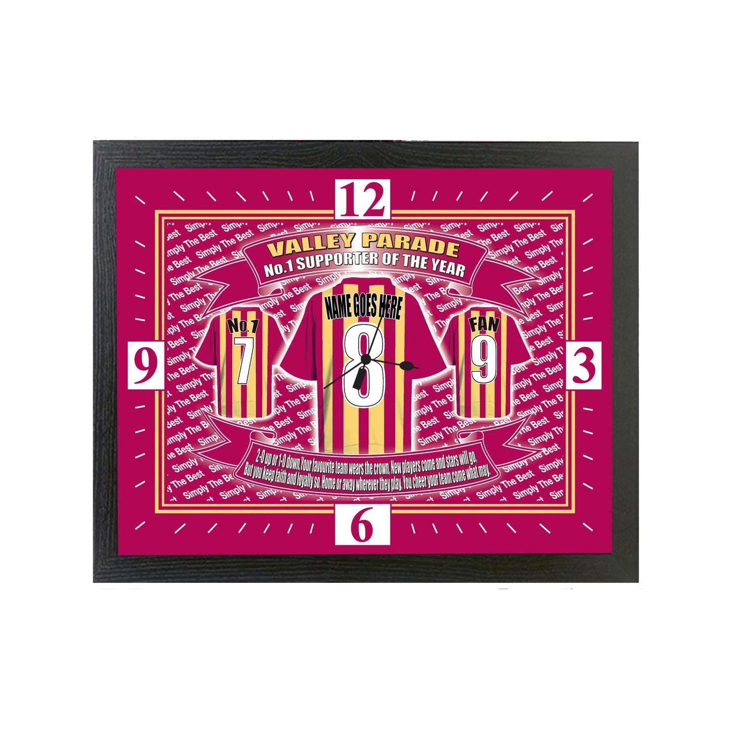 Bradford City Football Shirt Clock Personalised Gift Present