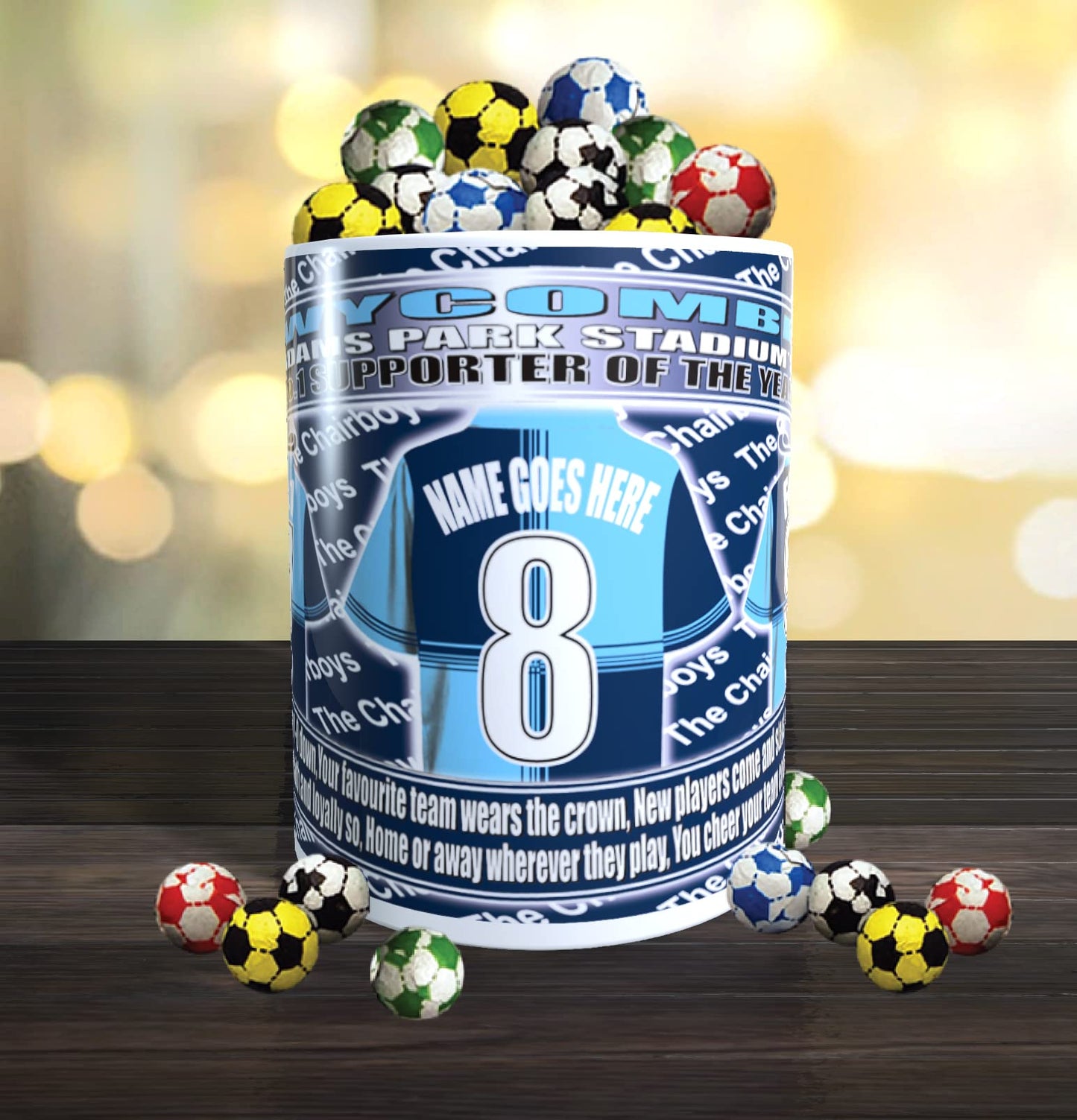 Wycombe Personalised Football Shirt Mug Gift with Chocolate Footballs