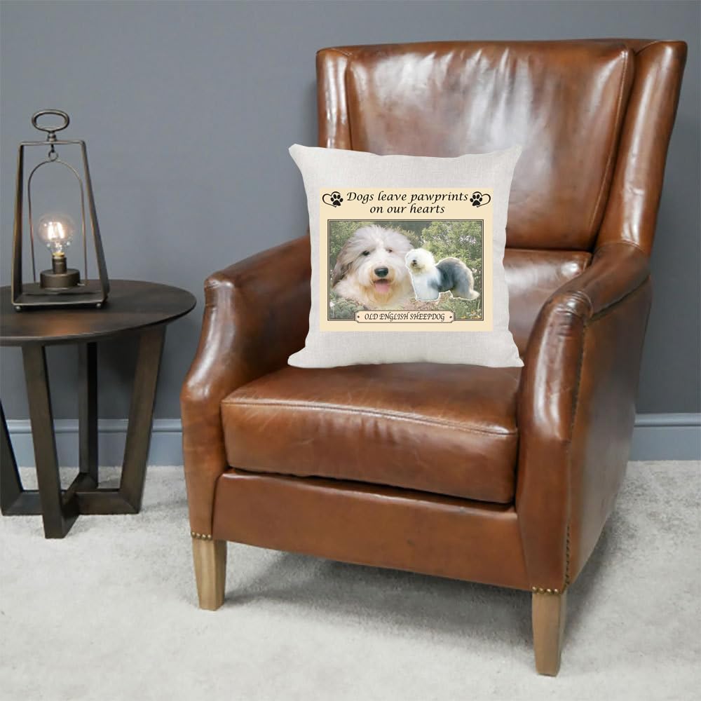 Old English Sheepdog Dogs Leave Pawprints on our Hearts Country Canvas Style Cushion Cover Gift