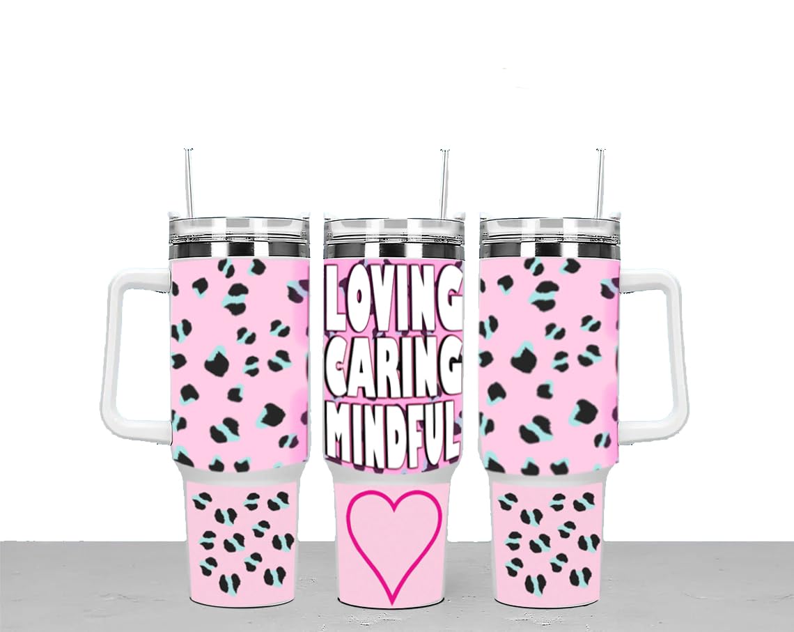 Loving Caring Mindful Any Occasion Valentine's Day Large Unisex 40oz Stainless Steel Travel Cup Tumbler Gift with Carry Handle, Lid and Straw