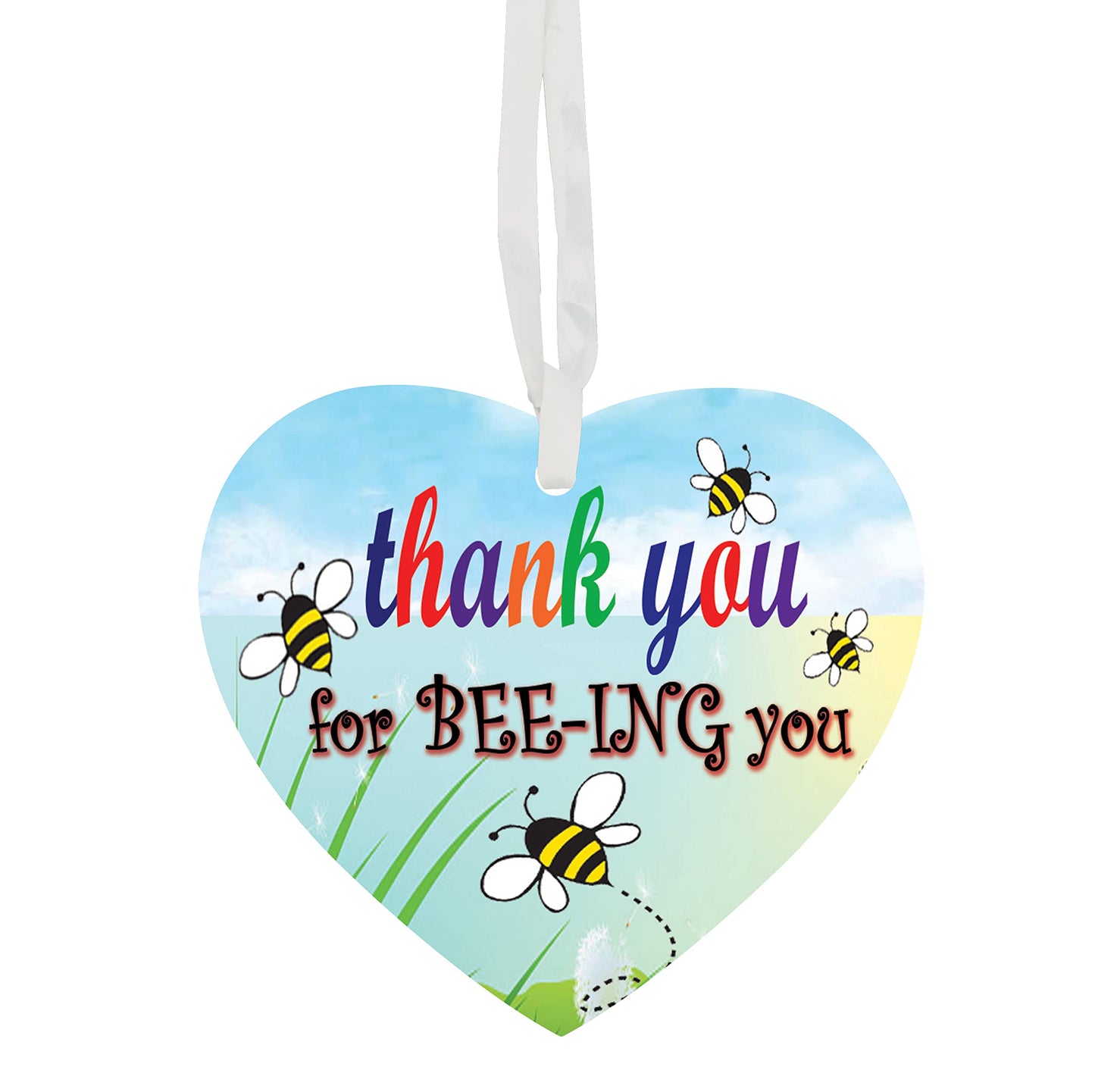 Thank You For BEE-ING You Multicoloured Text Hanging Heart Ceramic Keepsake With Blue Sky And Field Setting