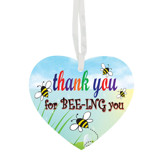 Thank You For BEE-ING You Multicoloured Text Hanging Heart Ceramic Keepsake With Blue Sky And Field Setting
