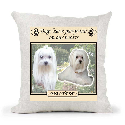 Maltese Dogs Leave Pawprints on our Hearts Country Canvas Cushion Cover Gift