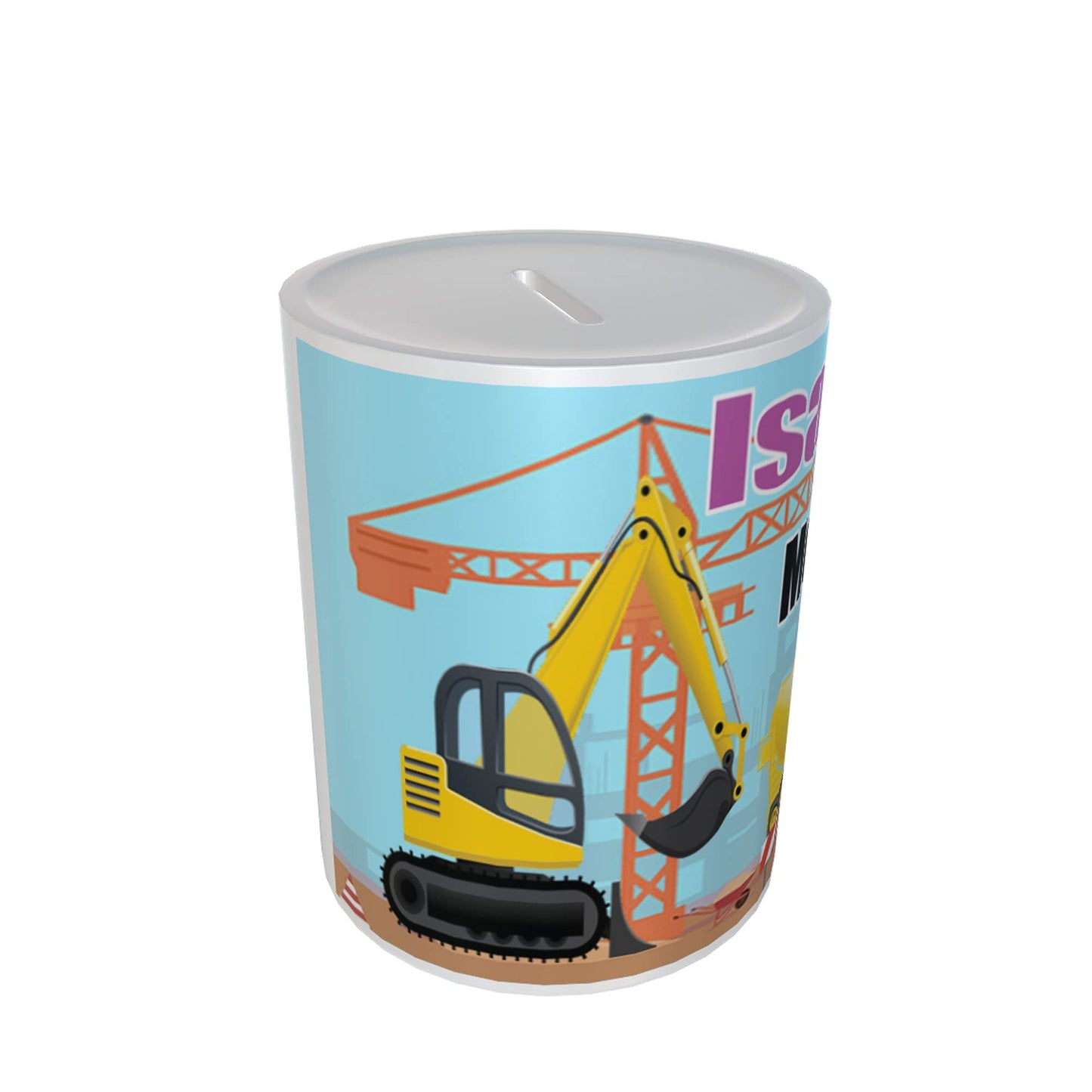 Personalised Kids Digger & Dumper Truck Ceramic Piggy Bank Money Box Gift