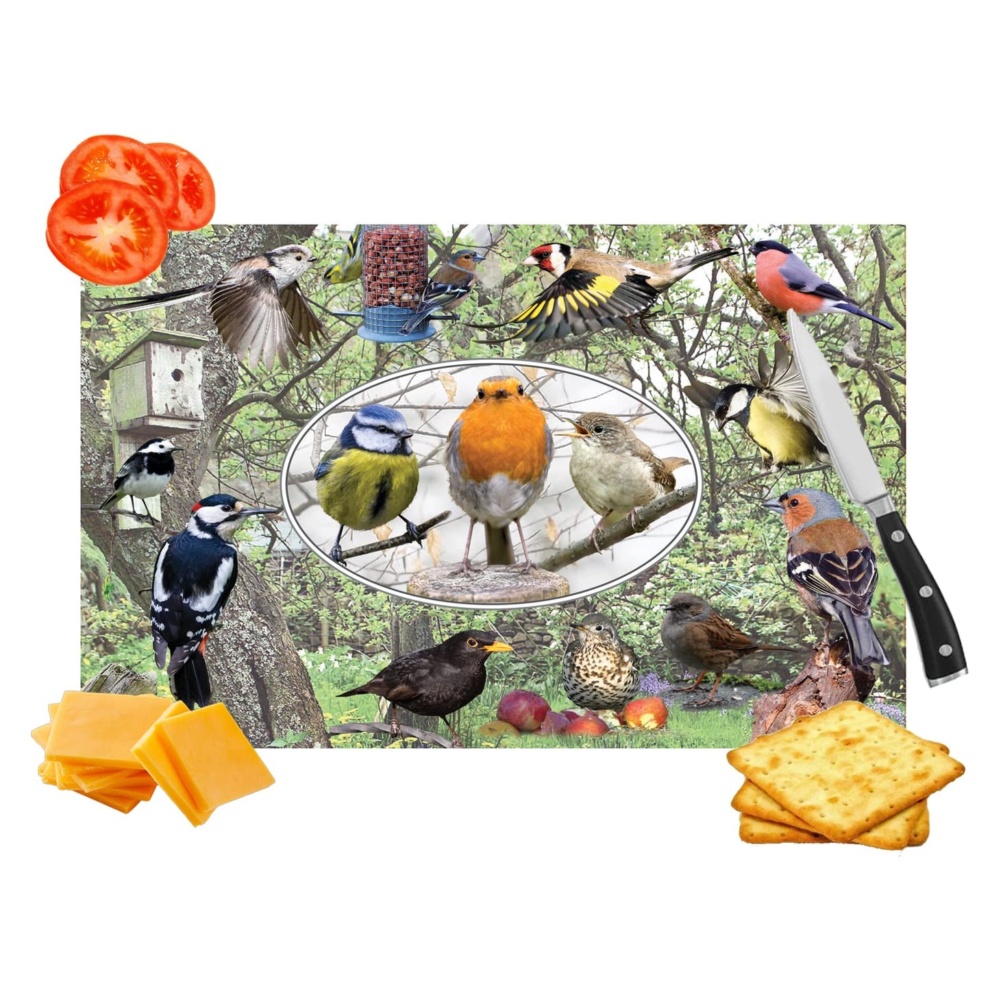 British Garden Birds Toughened Glass Heat Resistant Worktop Saver Cutting and Chopping Board Gift