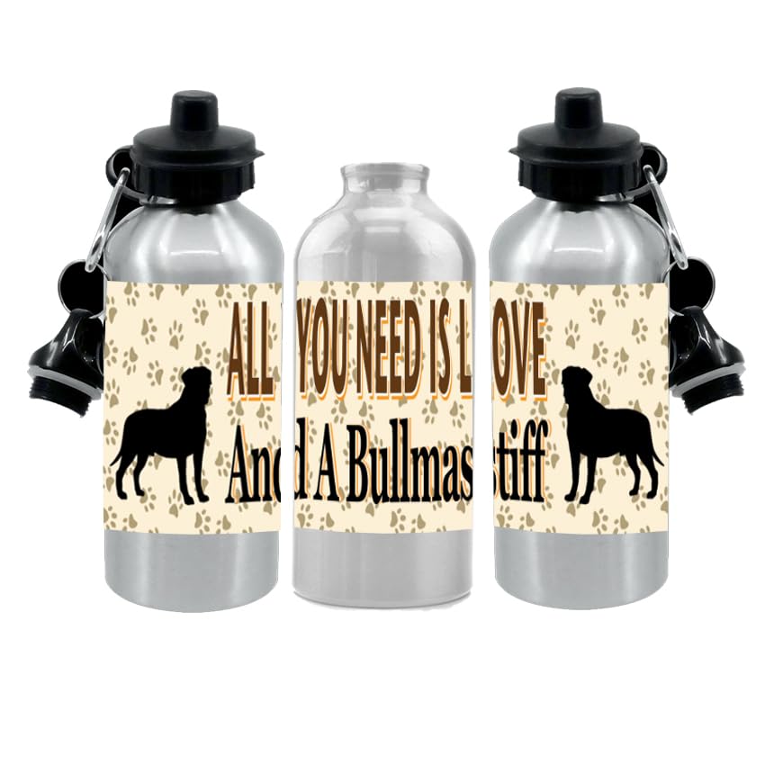 Bullmastiff Water Bottle - All You Need Is Love - Silver Aluminium - Two Lids - Unisex Gift