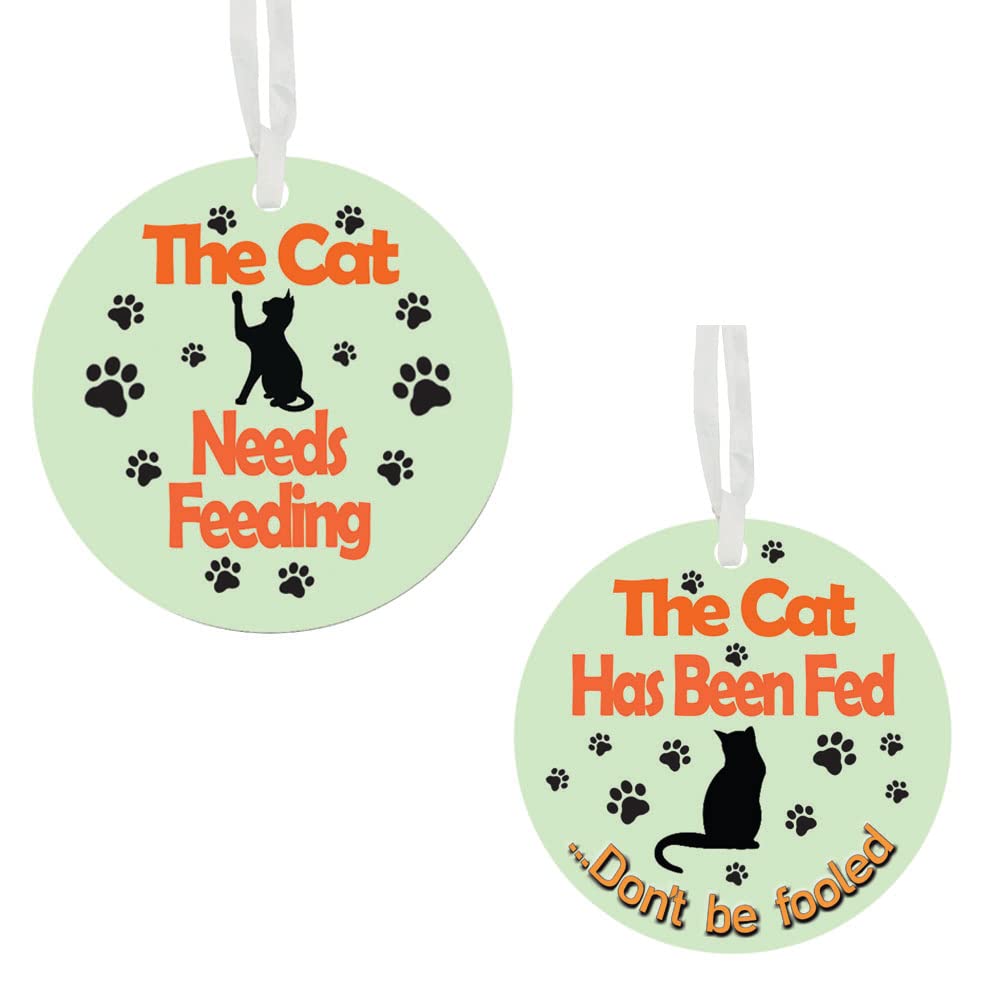 The Cat Needs Feeding - Has Been Fed Reversible Hanging Novelty Pet Ceramic Gift