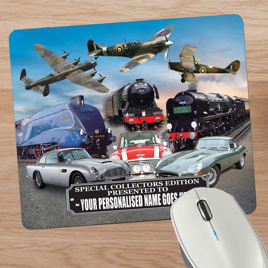 Planes trains and Automobiles Classic Car Icons Personalised Mouse Mat Gift