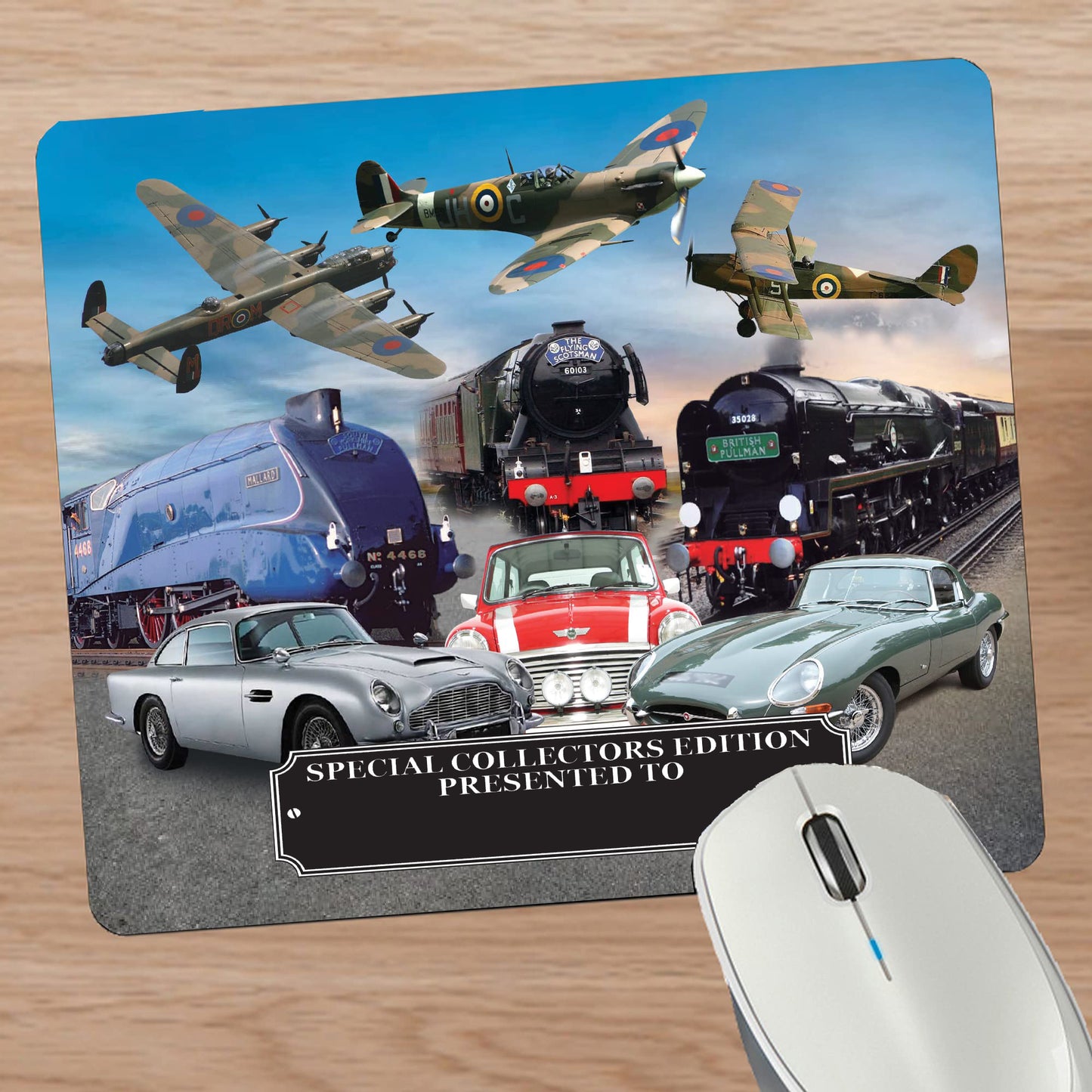 Planes trains and Automobiles Classic Car Icons Personalised Mouse Mat Gift