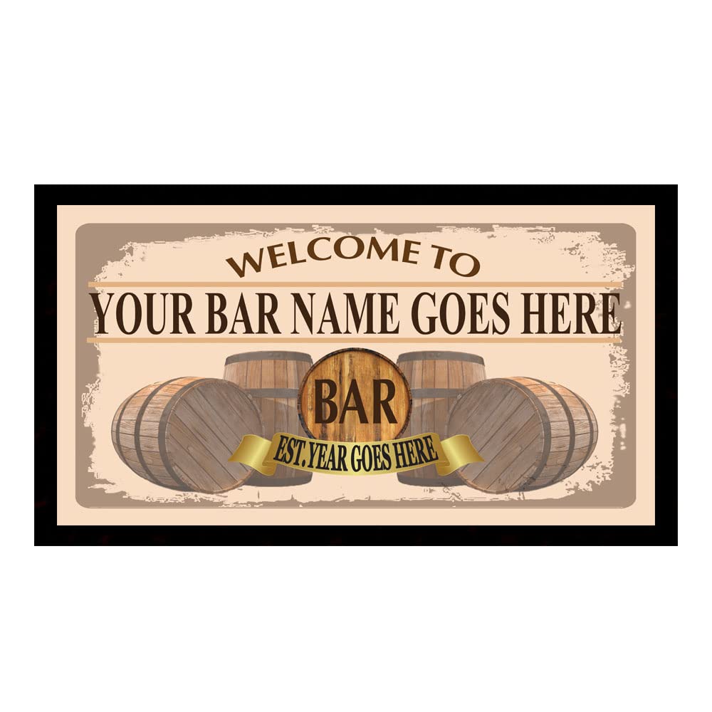 Rustic Wooden Barrels Bar Mat Runner with Non- Slip Rubber Back and Personalised Name with Home, Pub, Coffee Shop, Venue, Garden, Bar Gift