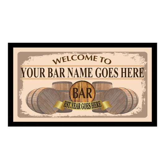 Rustic Wooden Barrels Bar Mat Runner with Non- Slip Rubber Back and Personalised Name with Home, Pub, Coffee Shop, Venue, Garden, Bar Gift