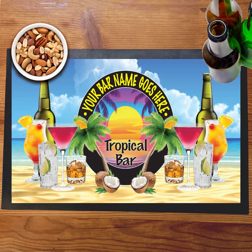 Tropical Beach Bar Mat Runner with Non- Slip Rubber Back and Personalised Name Home, Pub, Coffee Shop, Venue, Garden, Bar Gift
