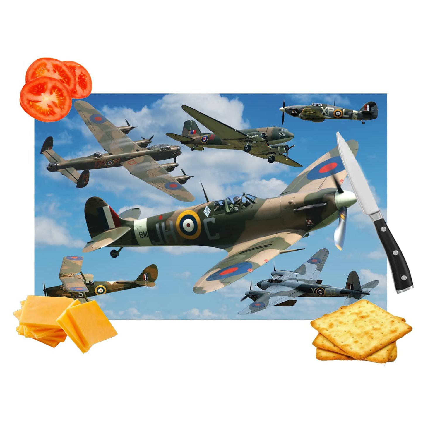 Collage of vintage airplanes, a knife, cheese, and crackers against a blue sky background.