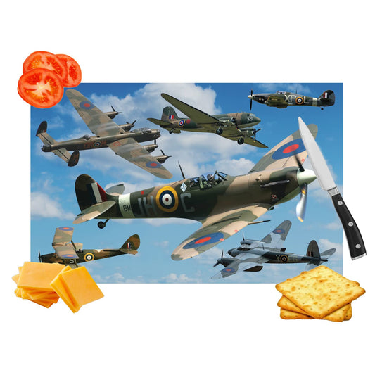 Collage of vintage airplanes, a knife, cheese, and crackers against a blue sky background.