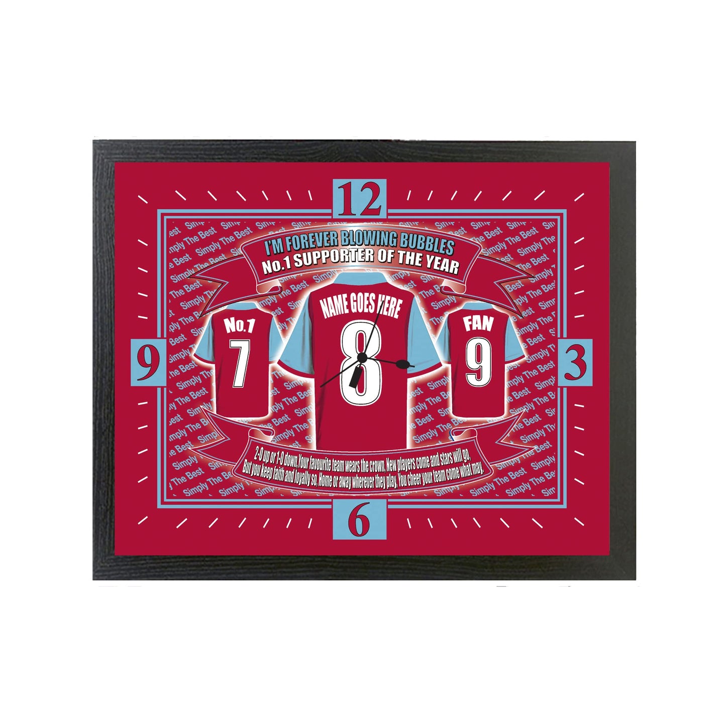 West H Utd Football Shirt Personalised Clock Gift Present - Wall Clock - Rectangular - 25cm x 34cm - Maroon, Blue, Gold, White, Red - Battery Powered - Living Room - Casual