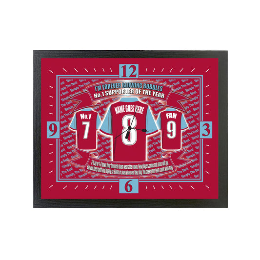 West H Utd Football Shirt Personalised Clock Gift Present - Wall Clock - Rectangular - 25cm x 34cm - Maroon, Blue, Gold, White, Red - Battery Powered - Living Room - Casual