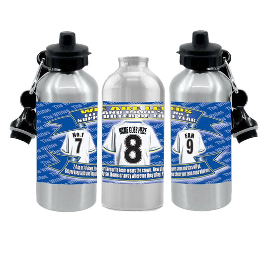 Leeds Personalised Football Shirt Silver Aluminium Two Lid Unisex Water Bottle Gift