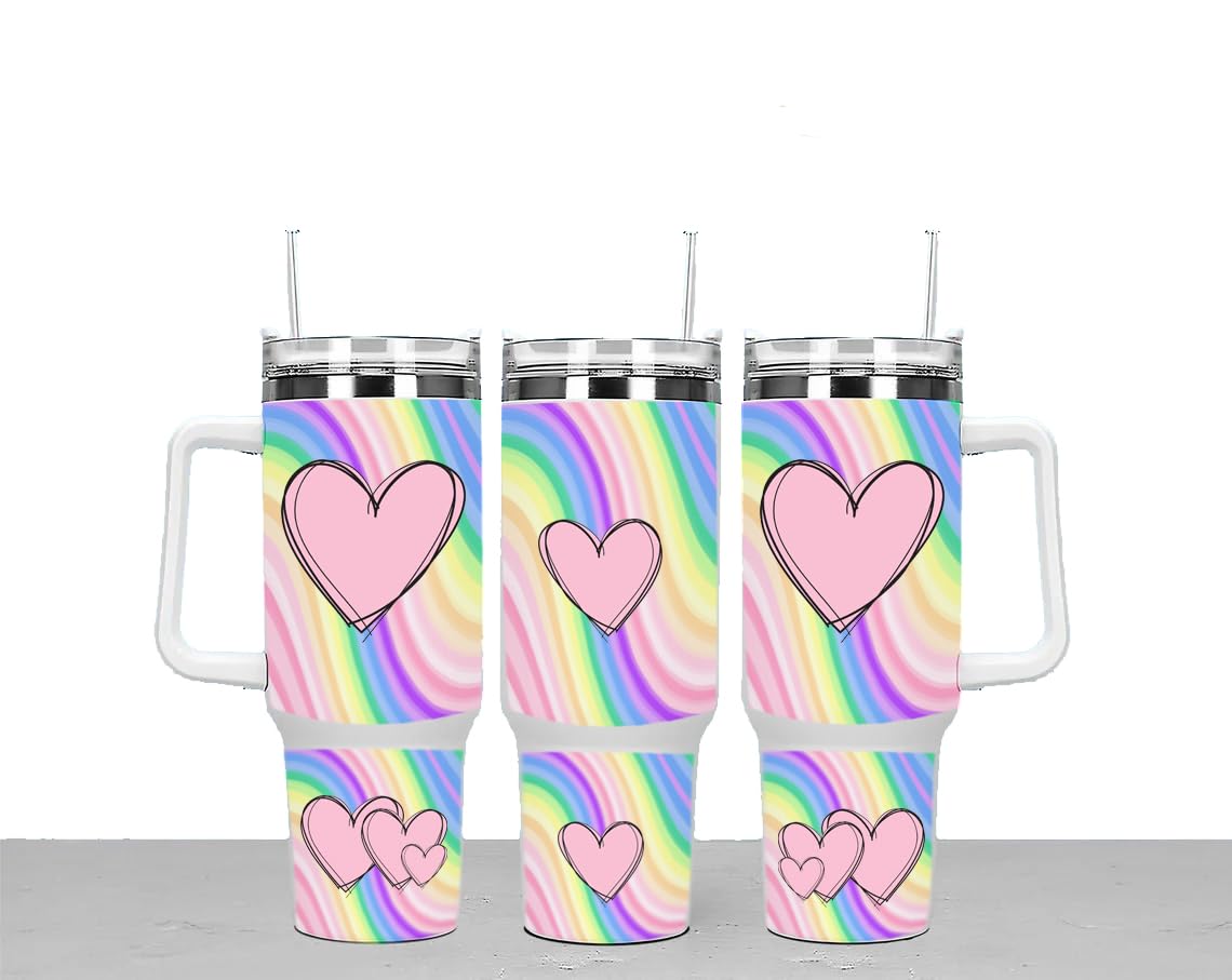 Rainbow & Hearts Large Unisex 40oz Stainless Steel Travel Cup Tumbler Gift with Carry Handle, Lid and Straw
