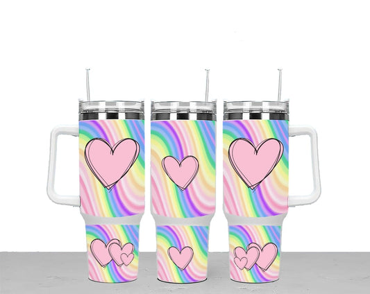Rainbow & Hearts Large Unisex 40oz Stainless Steel Travel Cup Tumbler Gift with Carry Handle, Lid and Straw