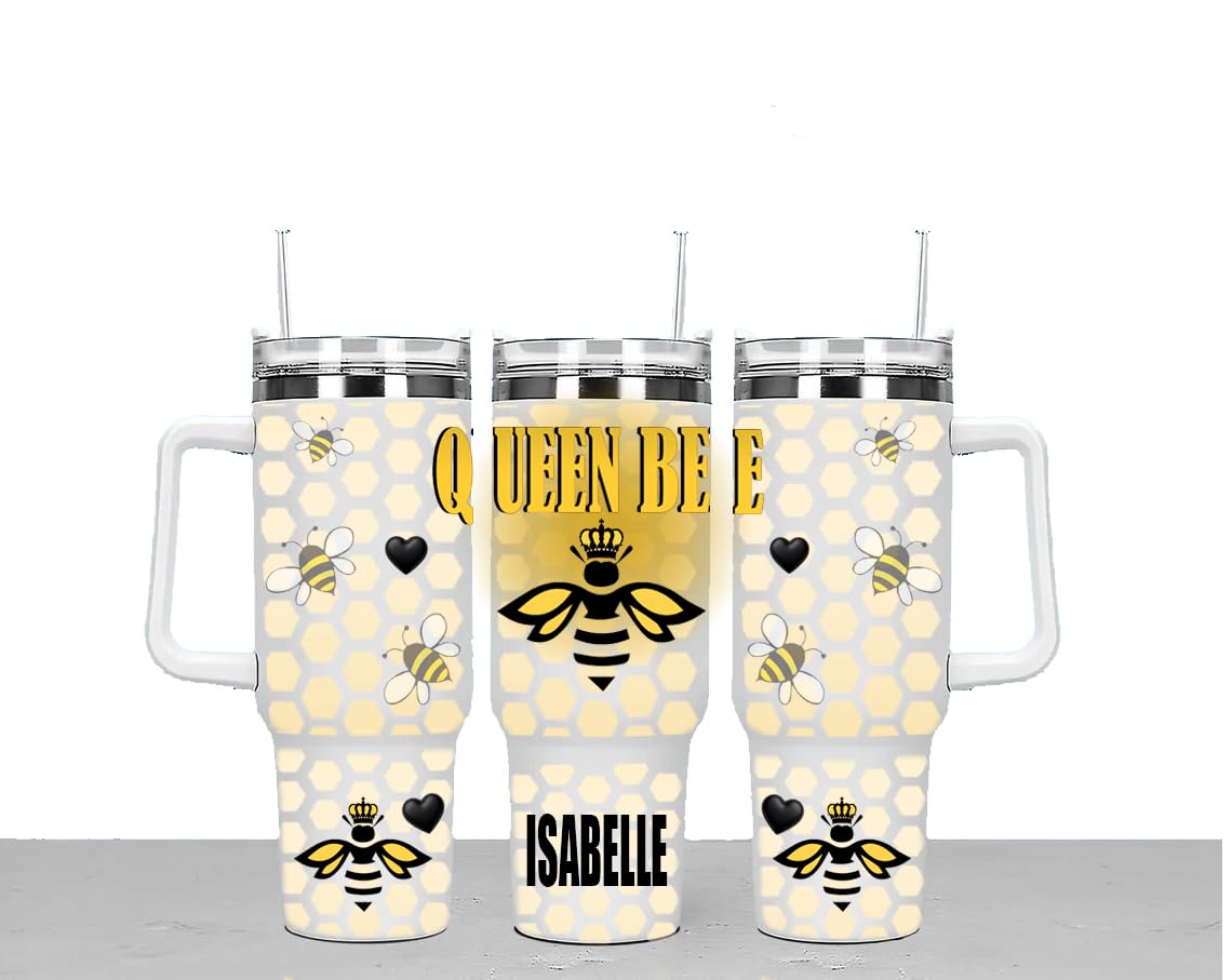 Queen Bee Personalised Large Unisex 40oz Stainless Steel Travel Cup Tumbler Gift with Carry Handle, Lid and Straw