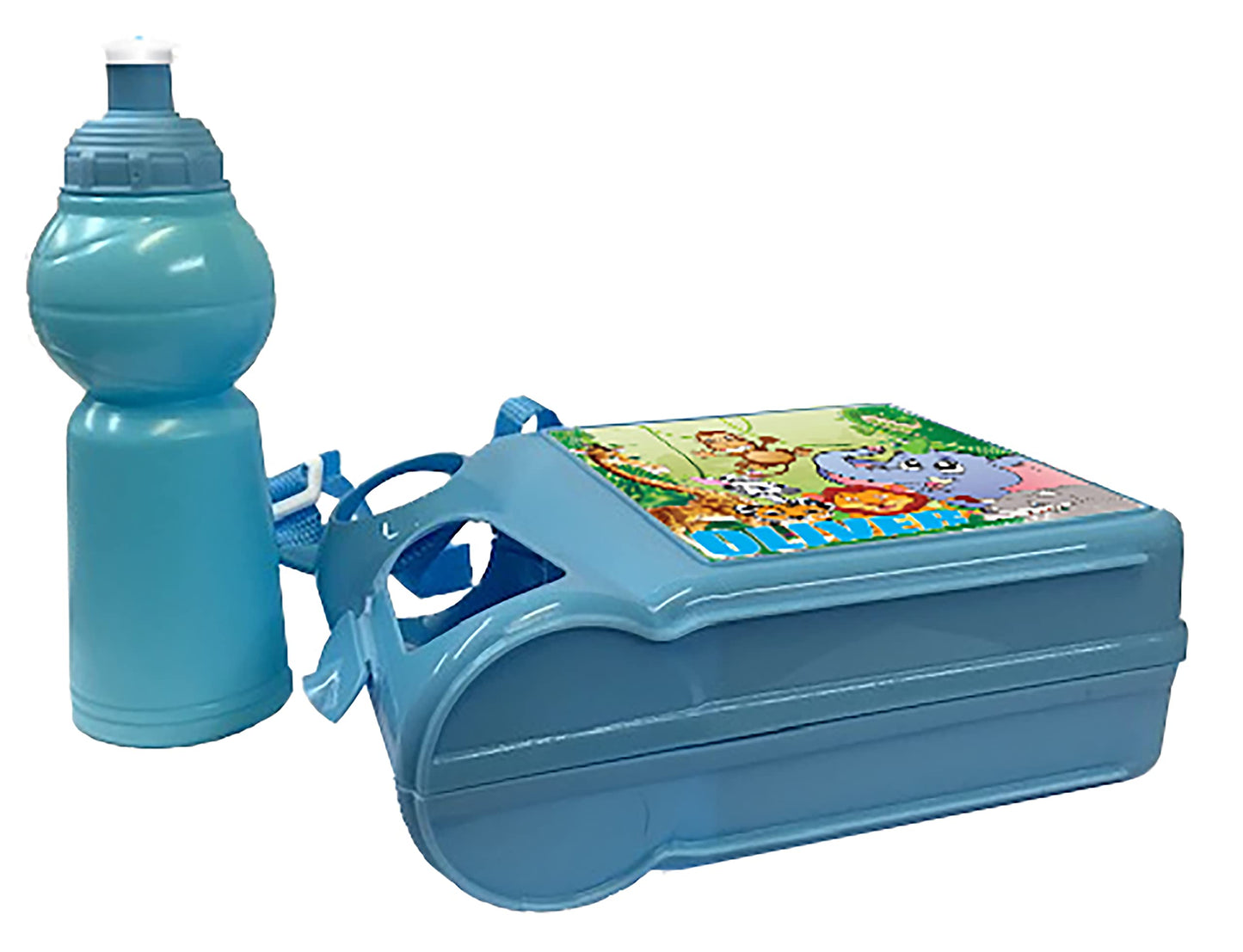 Personalised Safari Jungle Animals Plastic Lunch Box and Water Bottle Back to School Gift Set