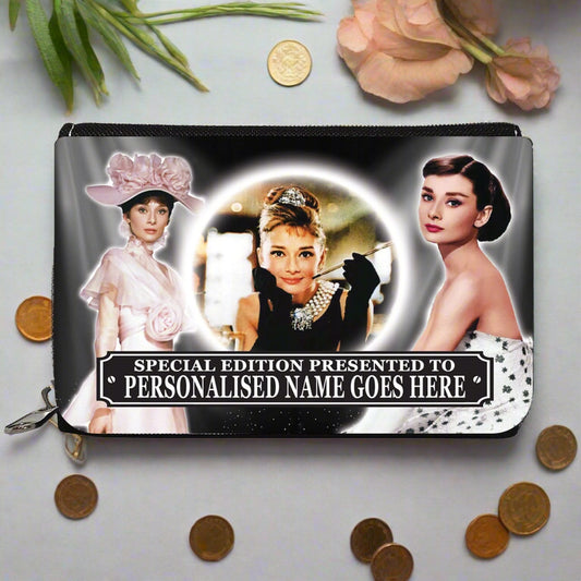 Pouch with images of a famous actress and customizable text on a white background
