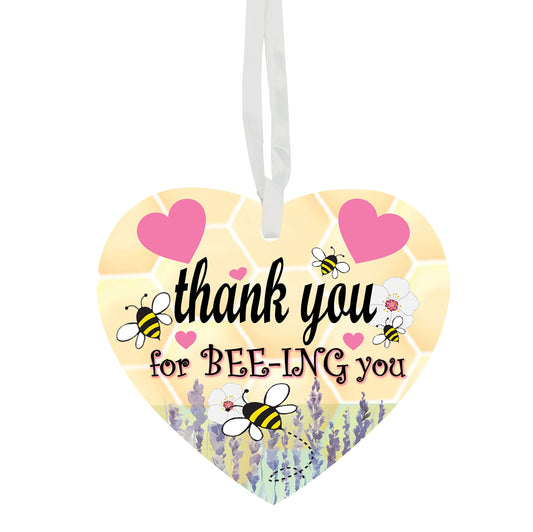 Thank You For BEE-ING You Hanging Heart Ceramic Keepsake With Honeycomb Bee Hexagon Shape & Pink Hearts Setting Gift